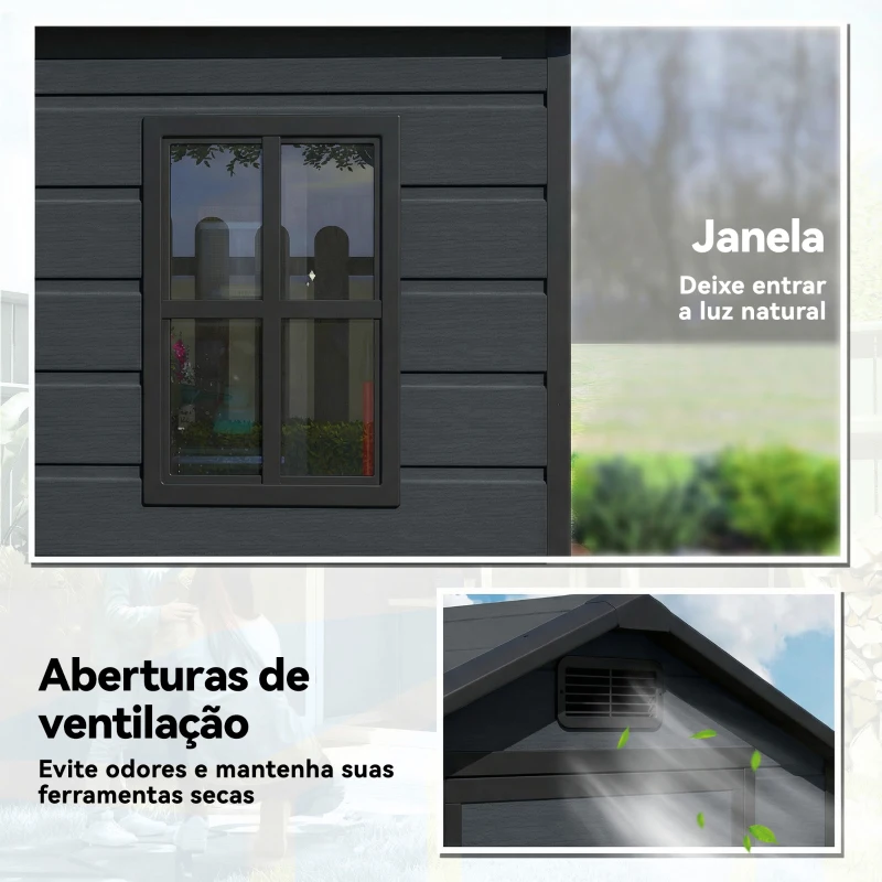Outsunny Abrigo de Jardim 1,09 m² 128x104x196 cm com Base Porta com Fechadura Janela e Ventilação, Cinzento Escuro