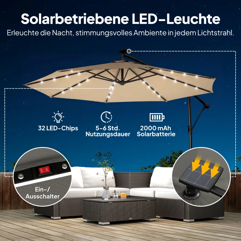 Outsunny Ampelschirm LED Solar ca. Ø300 cm Drehbar Sonnenschirm mit Kurbel Ständer Schutzhülle Beige