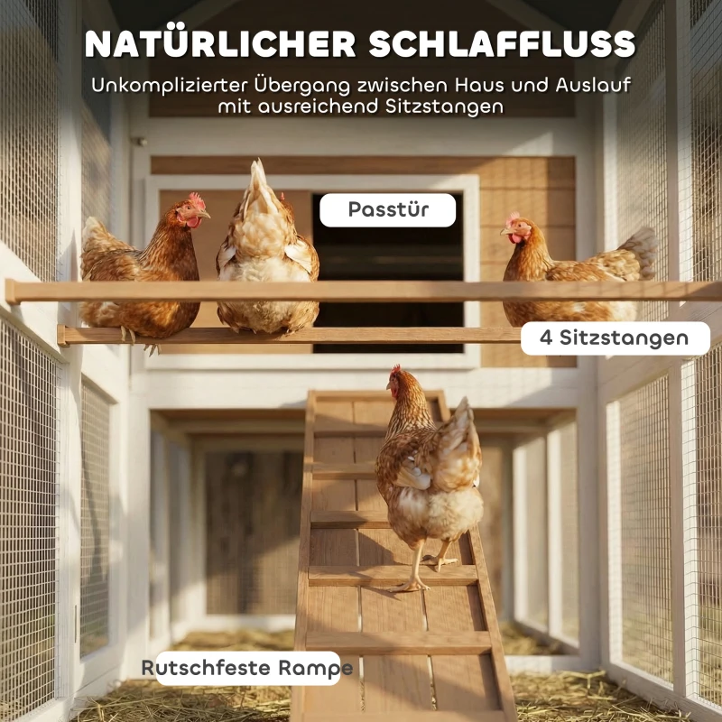 PawHut Hühnerstall Hühnerhaus mit Auslauf Nistkasten herausziehbarem Tablett Asphaltdach für 4 Hühner 200x104x145cm Holz Braun