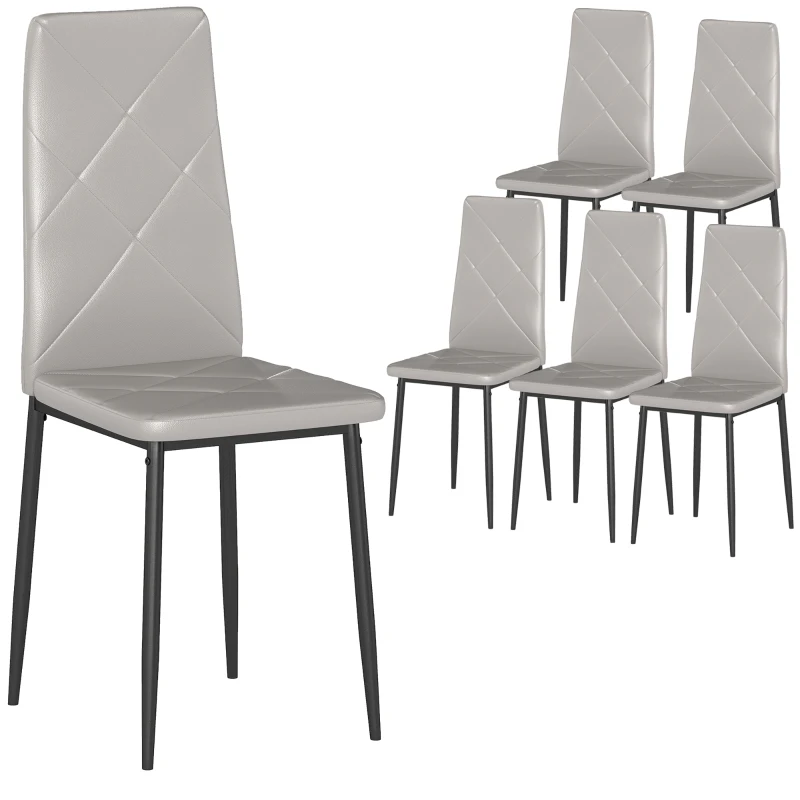 HOMCOM, Set de 6 Scaune, cu Spătar Înalt, din Piele Ecologică și Oțel, 41x50x97 cm, Gri
