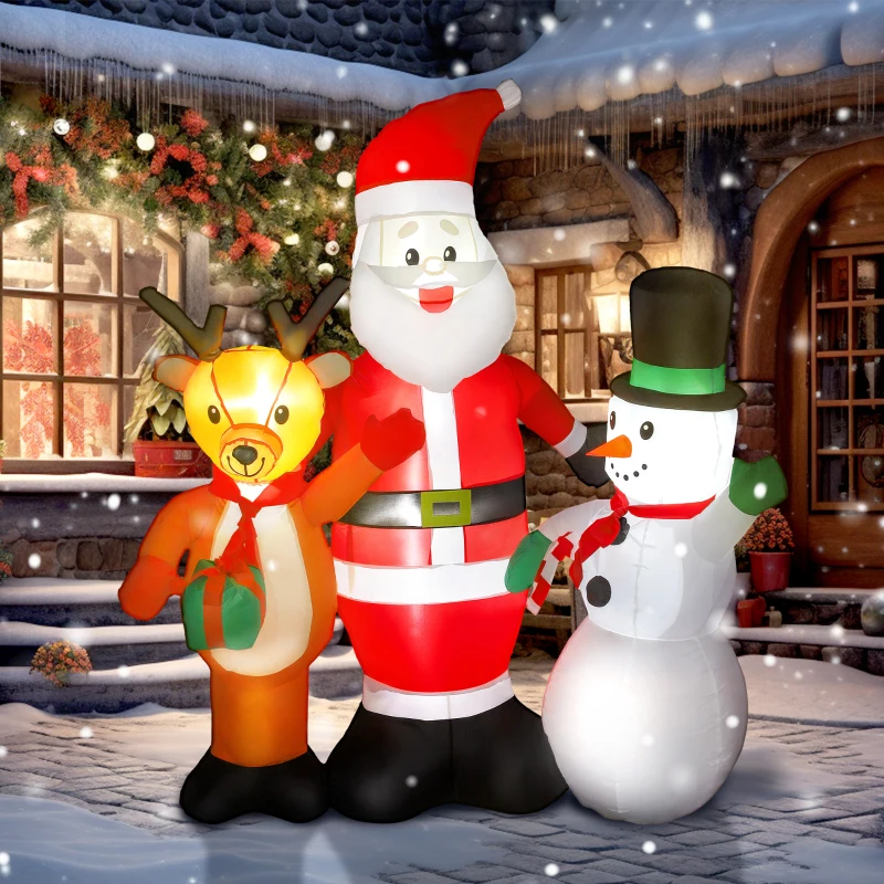 Outsunny Pai Natal Insuflável com Rena e Boneco de Neve Decoração de Natal Insuflável com Luzes LED 150x45x150 cm Multicor