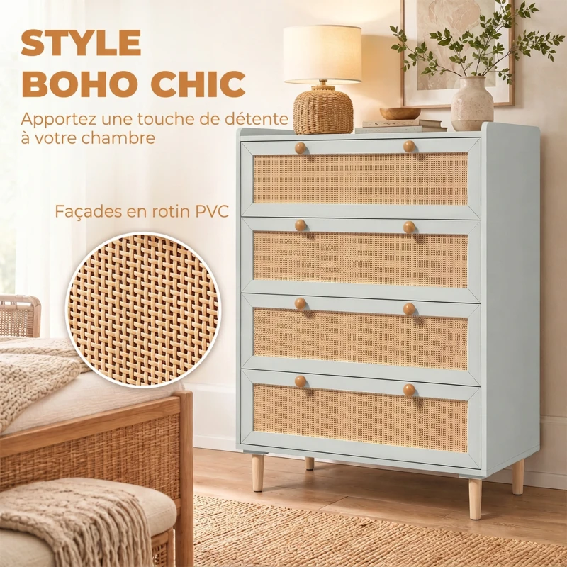 HOMCOM Commode 4 Tiroirs en Bois et Rotin PVC, Style Bohème, pour Chambre à Coucher, Entrée, Couloir, 80x40x109,2cm, Vert Sauge