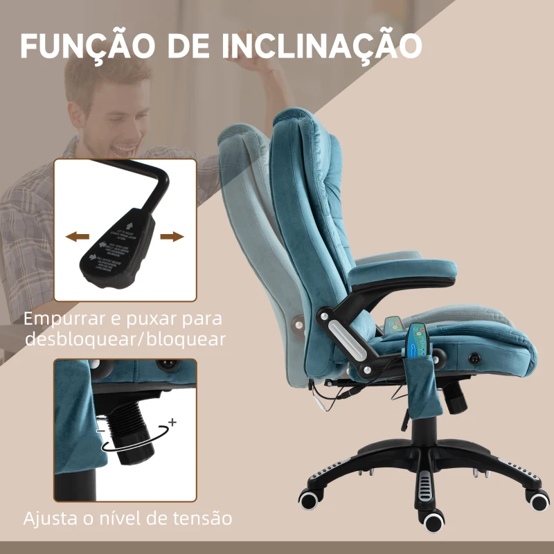 Vinsetto Cadeira de Escritório com 6 Pontos de Massagem Reclinável até 130° com Função de Aquecimento 68x72x110-120 cm Azul