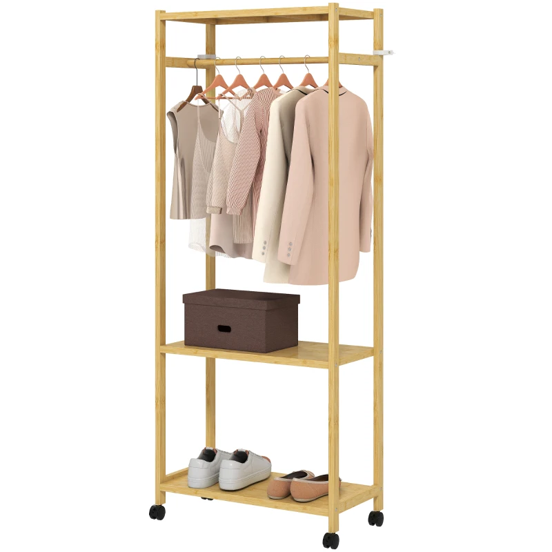 HOMCOM Suport de haine din bambus, cu bară, rafturi și 4 roți, 70x35x175 cm, lemn natural