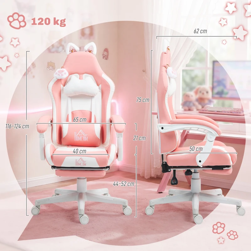 HOMCOM Cadeira Gaming com Orelhas Cadeira Gamer Reclinável com Altura Ajustável e Suporte Lombar 65x62x116-124 cm Rosa e Branco
