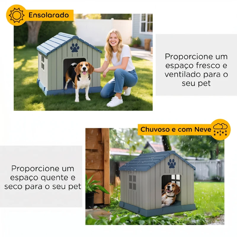 PawHut Casota para Cães Médios de Exterior em Plástico Impermeável com 2 Janelas, Base Elevada e Estacas, 85x79x82 cm, Cinzento