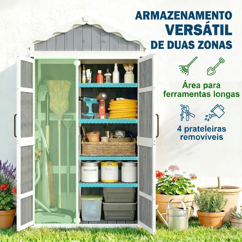 Outsunny Armário de Jardim de Madeira 105x55x179 cm Abrigo de Exterior com Portas 4 Prateleiras Extraíveis Teto Metal Galvanizado Cinza
