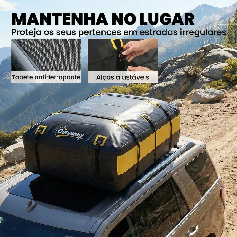 Outsunny Bolsa de Teto para Carro 594L Impermeável com 6 Correias Tapete Antiderrapante e Ganchos para Veículos Preto e Amarelo