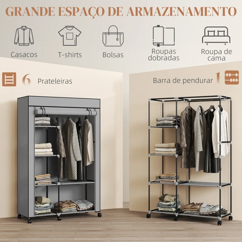HOMCOM Roupeiro de Tecido Dobrável com 6 Prateleiras 1 Barra de Pendurar e Rodas para Dormitório Vestidor 103x43x162,5 cm Cinza