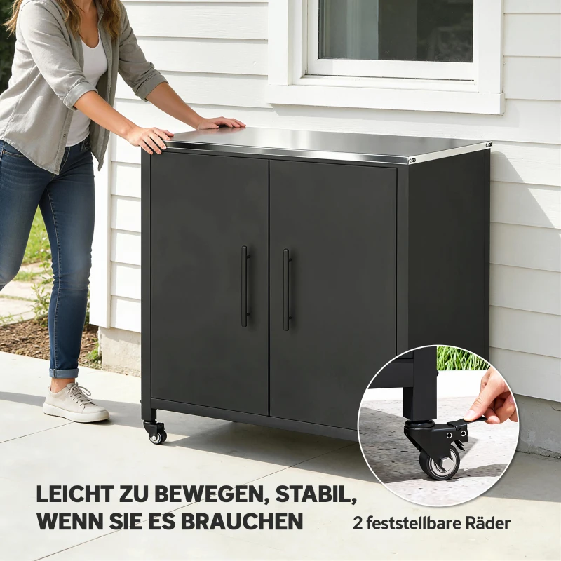 Outsunny Gartenschrank mit Pflanztisch Geräteschuppen mit Edelstahl Arbeitsplatte abnehmbar Regal magnetisch Doppeltür Rolle