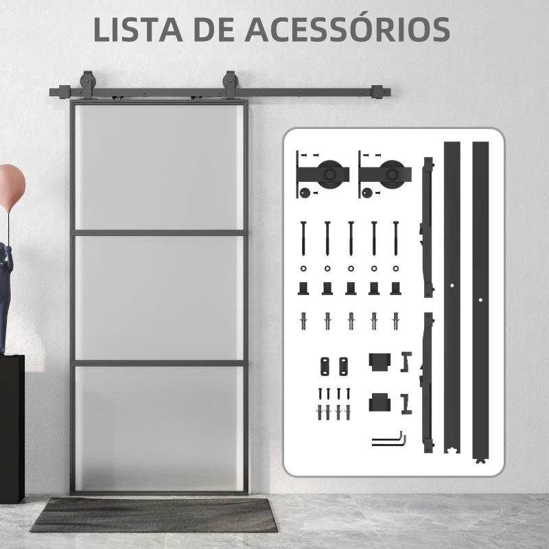 HOMCOM Porta de Correr de Vidro com Mecanismo de Fecho Suave para Casa de Banho Sala de Estar Cozinha 91,4x203,2 cm Preto