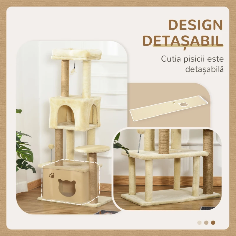 PawHut Copac pentru Zgâriat Pisici Înalt de 136 cm cu Căsuță Detașabilă, Căsuță și Pat, Stâlpi din Iută, Beige