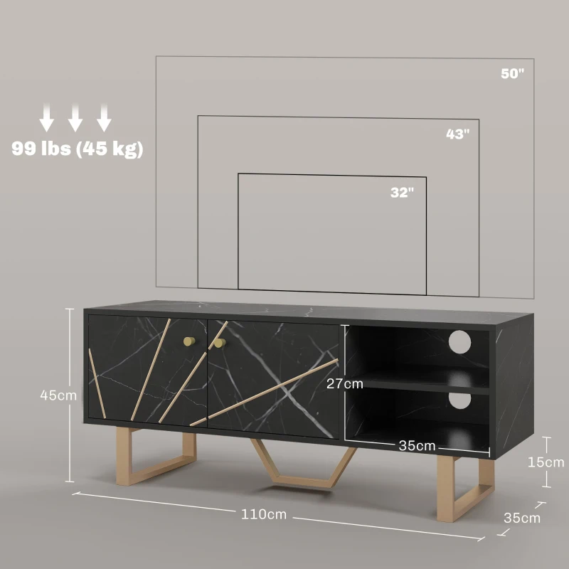 HOMCOM Móvel de TV com Prateleira Ajustável e Efeito Mármore Móvel de TV para Sala de Estar para Televisores de 50 Polegadas 110x35x45 cm Preto e Dourado