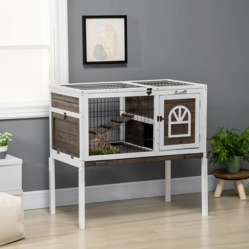 PawHut Clapier à lapins cage lapin intérieur, avec bac amovible, 2 portes verrouillables, échelle, 90 x 53 x 87 cm, café