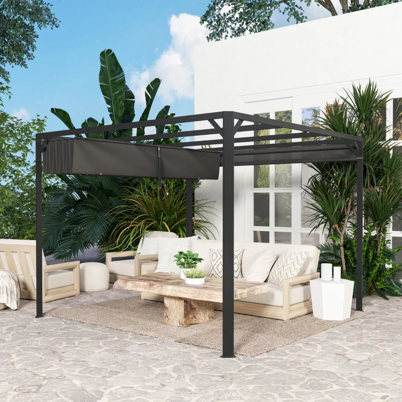 Outsunny Pérgola de Jardim de Alumínio 3x3 m com Teto Retrátil e Lateral Enrolável UPF30+ Pérgola para Exterior Cinzento