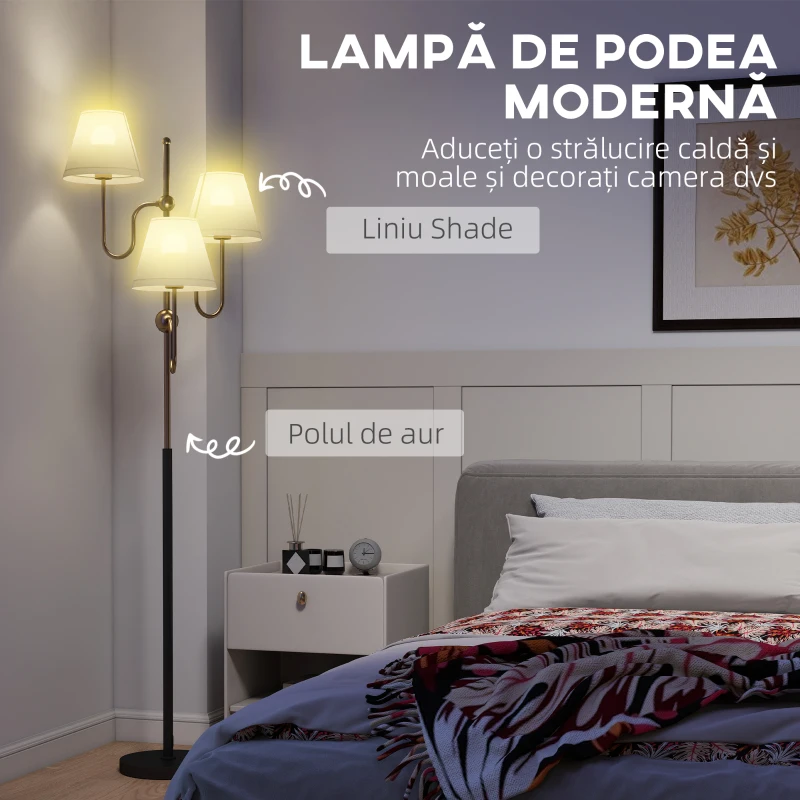 HOMCOM Lampadar Înalt de 165 cm cu 3 Surse de Lumină și Întrerupător cu Pedală, Soclu E27 Max 40W, Auriu