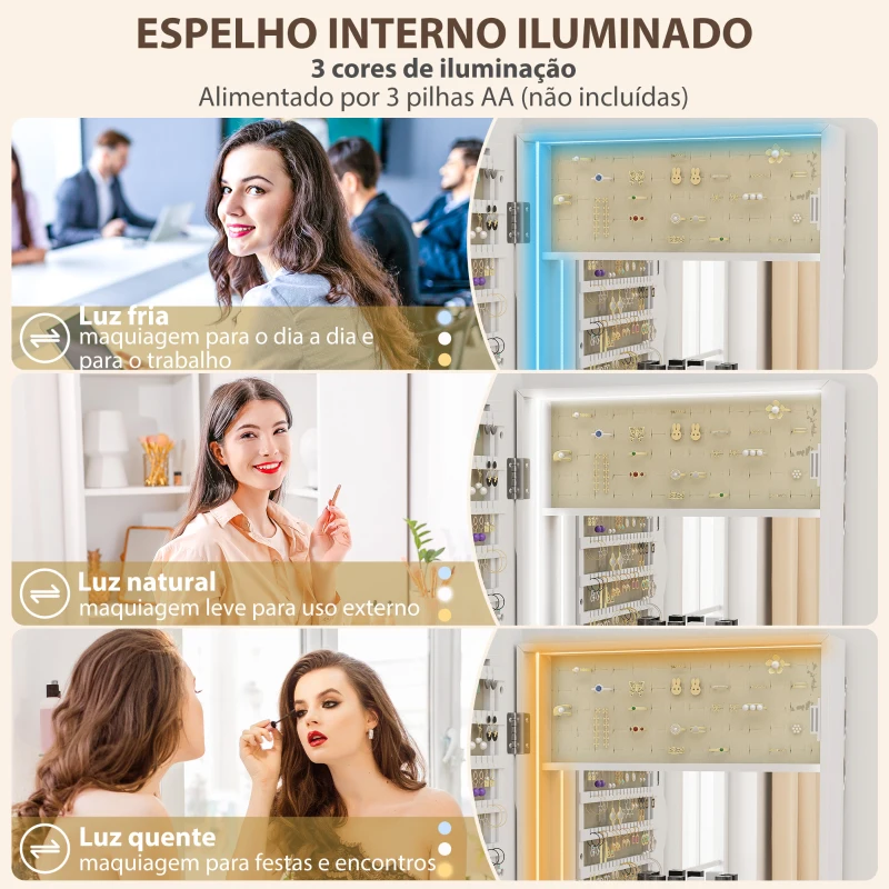 HOMCOM Espelho-Joalheiro com Luz LED Montado na Parede ou na Porta com Fechadura, Espelho de Corpo Inteiro Branco