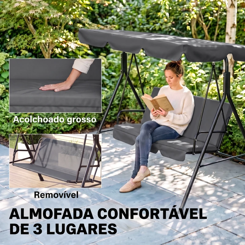 Outsunny Baloiço de Jardim de 3 Lugares com Almofada Toldo Ajustável e Estrutura de Aço para Balcão Terraço 172x110x153 cm Cinza