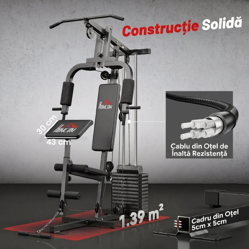 HOMCOM Stație de Fitness cu Șezut și Spătar Căptușite, din Oțel și PU, 135x103x210 cm, Negru