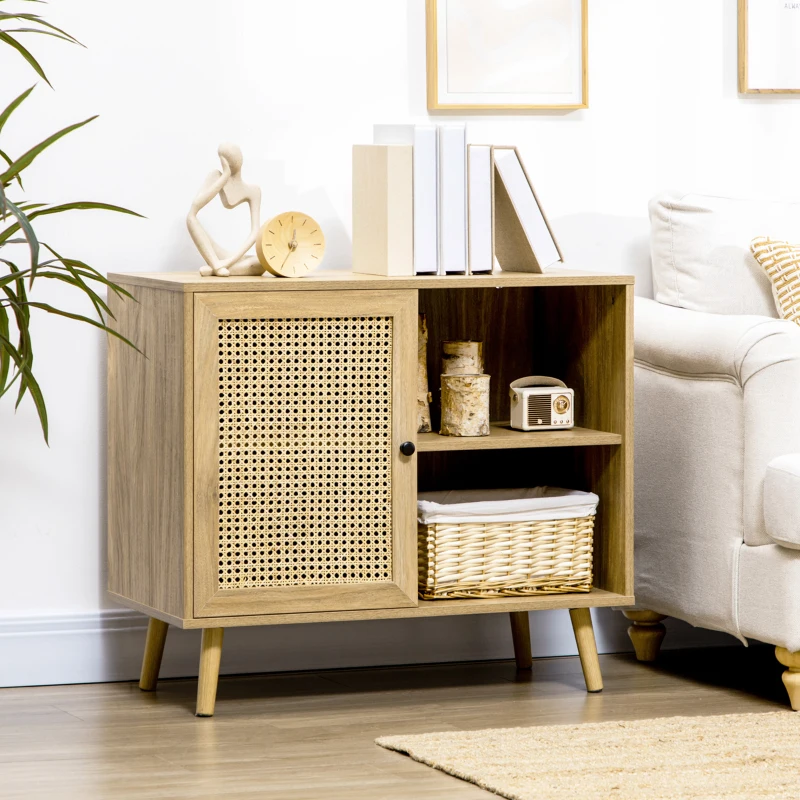 HOMCOM Meuble de rangement buffet 1 porte cannage effet bois - dim. 80L x 39l x 70H cm