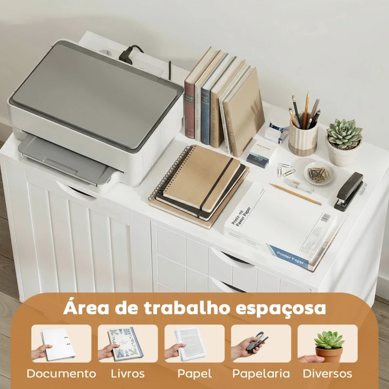 HOMCOM Móvel para Impressora com Estação de Carga e Rodas 5 Gavetas Portas USB Prateleira Ajustável Branco