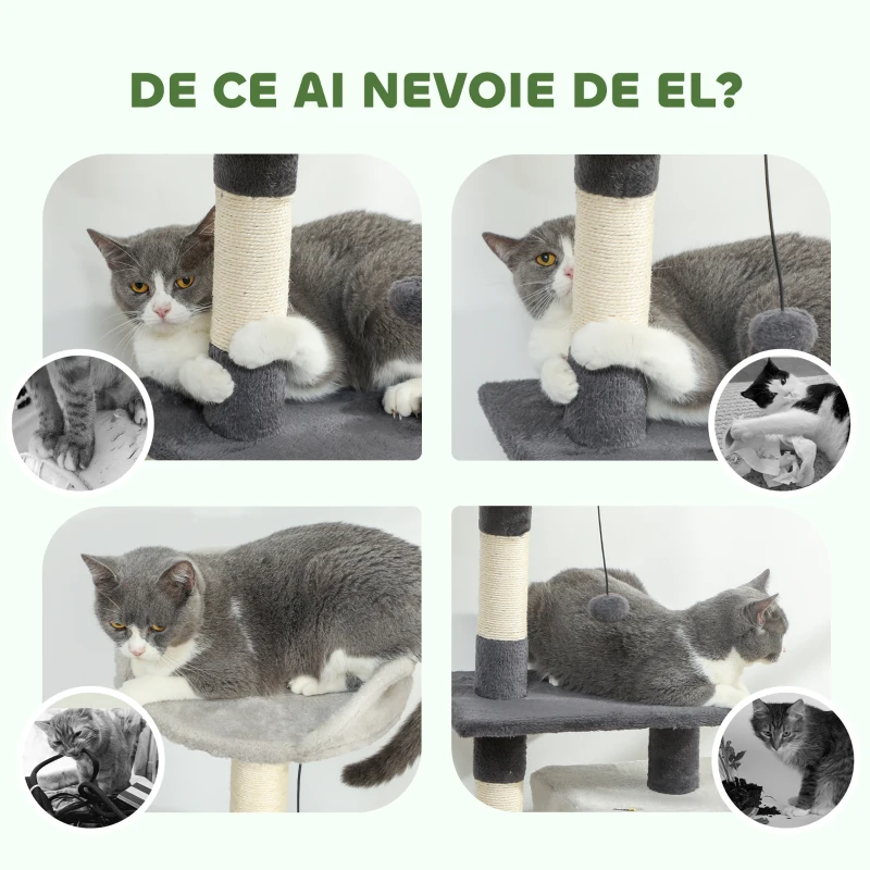 PawHut Copac de Zgâriere pentru Pisici, Înalt de 85 cm, cu Căsuță, Pat, Stâlpi și Covoraș pentru Zgâriere, Gri