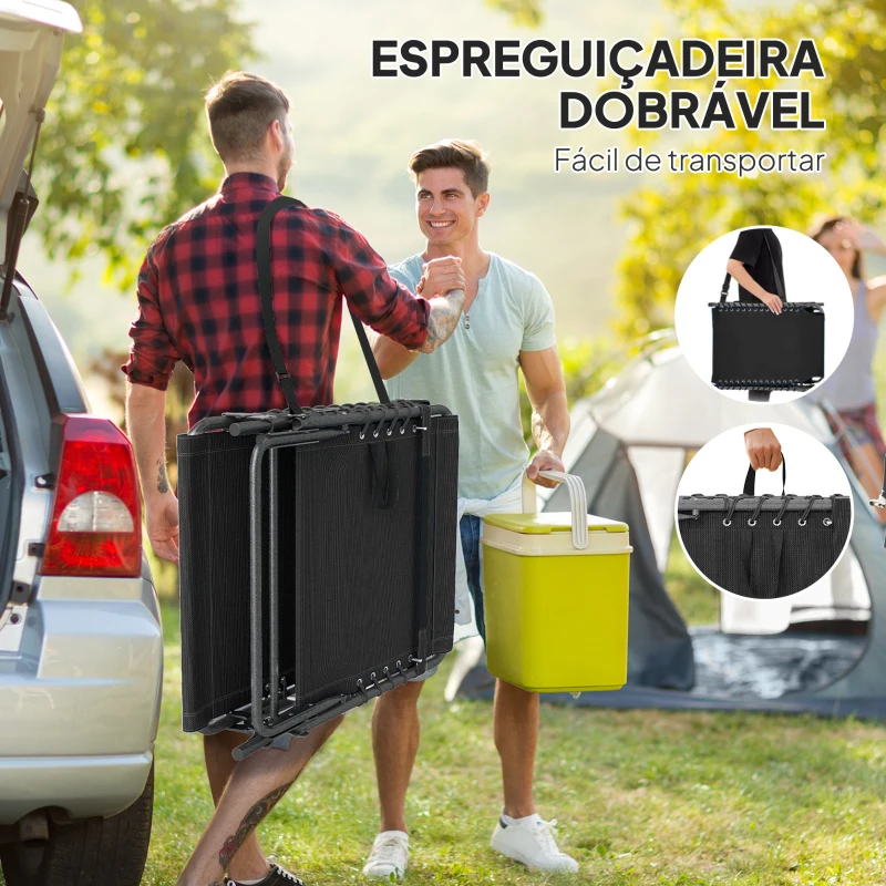 Outsunny Espreguiçadeira Dobrável com Encosto Ajustável Apoio de Cabeça Bolso Lateral Bandeja e Estrutura em Aço 190x60x31 cm Preto