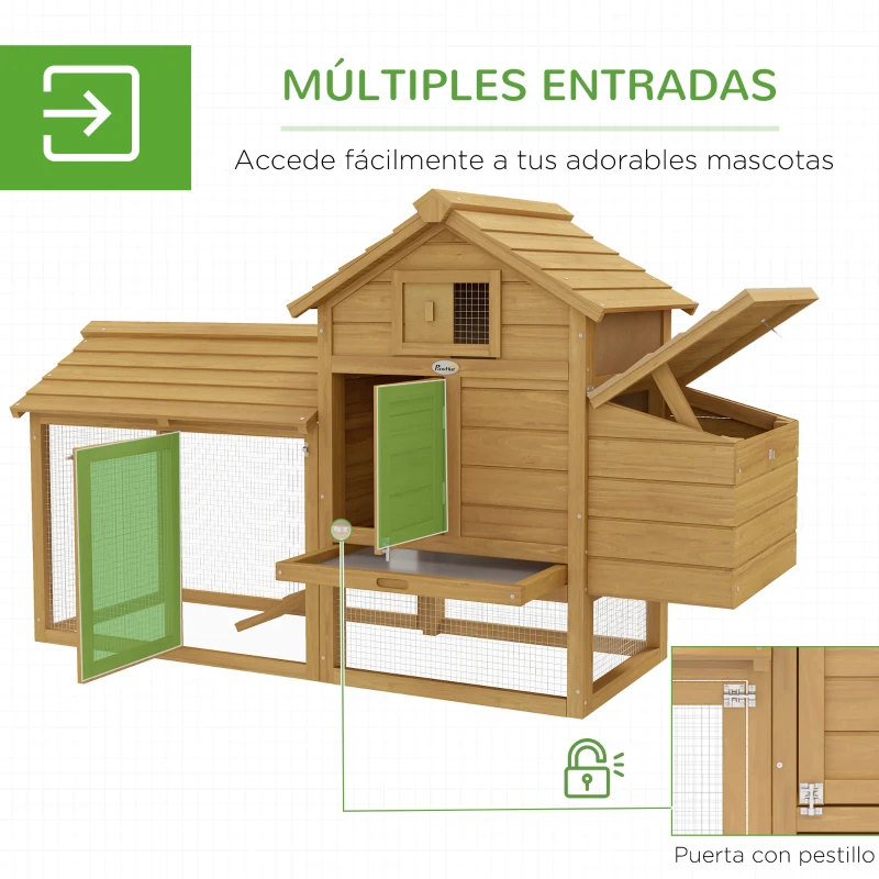 PawHut Gallinero de Madera para Exterior XXL Gallinero con 2 Corrales de Alambre Caja Nido con Techo Abrible Bandeja Extraíble de Metal Galvanizado y Rampa 151,5x54x87 cm Natural