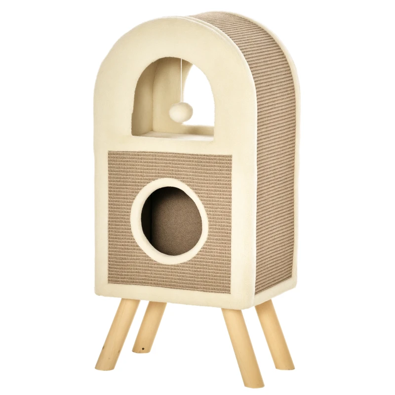 PawHut Kratzbaum Katzenhöhle Katzenkratzbaum Kratztonne mit kratzbrett Spielbällen katzenbett Kratzmatte mehrstöckig Spanplatte Plüsch Sisal Kaffee 40 x 34 x 91 cm
