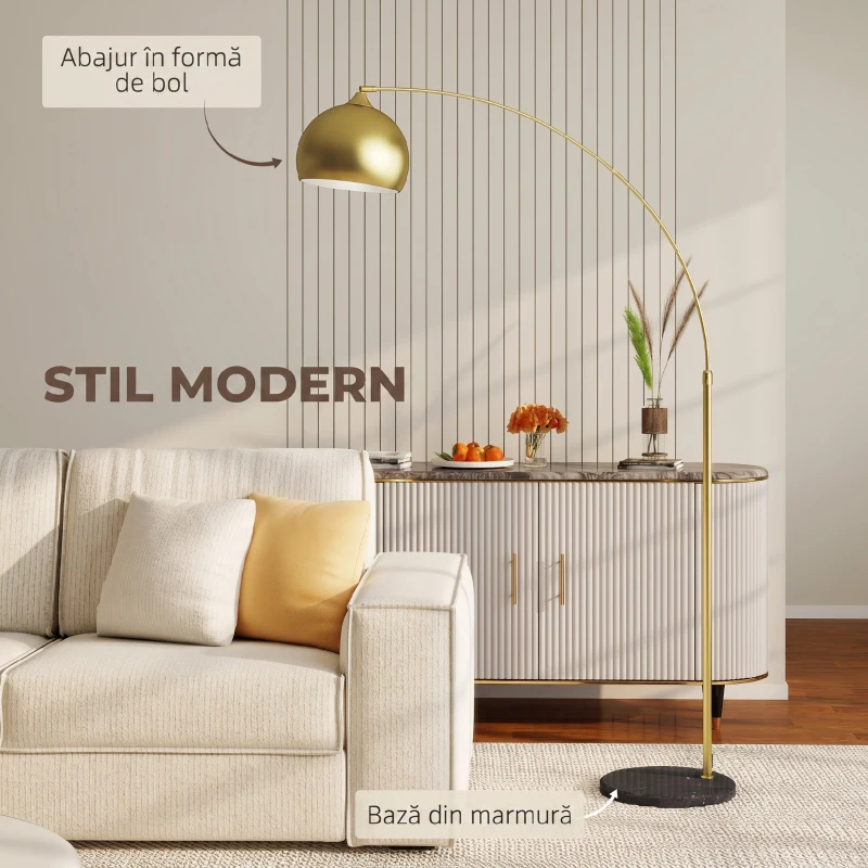 HOMCOM Lampadar modern arcuit cu tijă reglabilă și întrerupător cu pedală, dulie E27, auriu