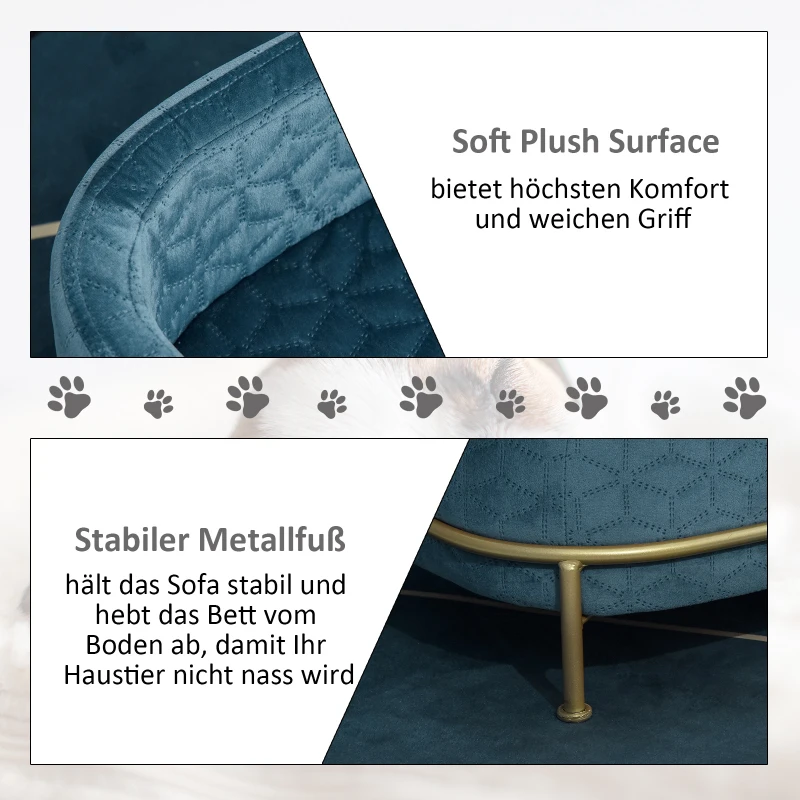 PawHut Hundesofa mit Rückenlehne Haustiersofa mit Metallbeinen Hundebett Weichem Bezug Katzensofa Metall Blau+Gold 63,5 x 43 x 24,5 cm