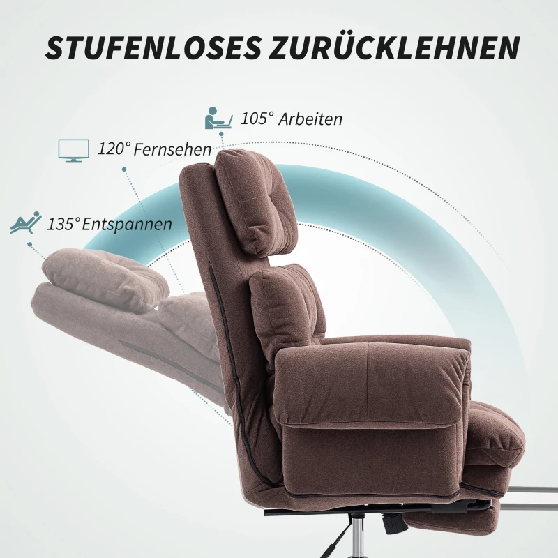 HOMCOM Bürostuhl mit verstellbarer Rückenlehne, rollbarer Polsterstuhl, Polstersessel, höhenverstellbar, Stahl, Braun(m-7)