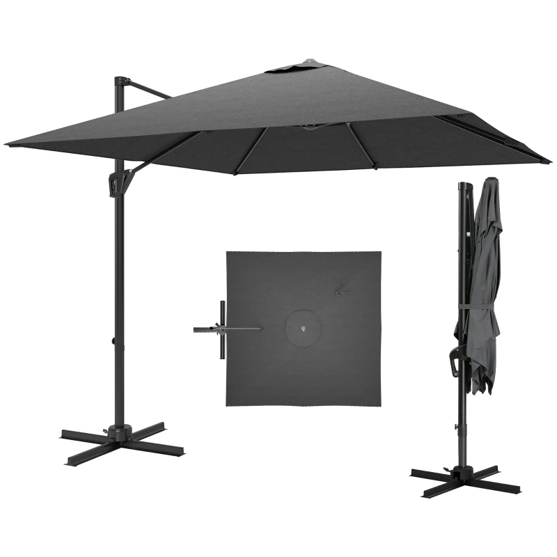 HOMCOM Chapéu de Sol de Jardim 245x245x248cm Chapéu de Sol Excêntrico com Rotação 360° Inclinação de 5 Níveis com Manivela e Ventilação para Pátio Terraço Cinza