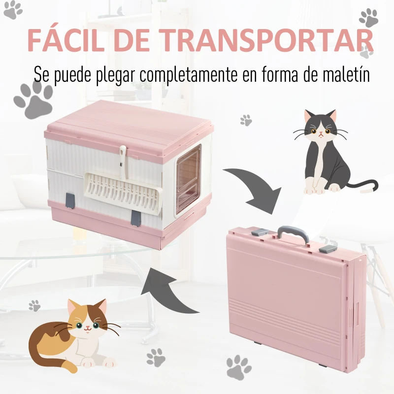 PawHut Caja de Arena para Gatos Plegable Arenero Portátil Aseo Quita Mal Olor con Manija Puerta Orificio de Ventilación Bandeja Material ABS 54x43x42 cm Blanco y Rosa
