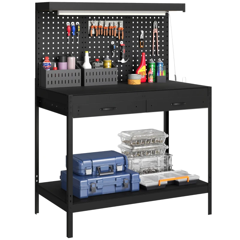 HOMCOM 110 cm Werkbank mit Lochwand, robuste Werkbank mit Steckdosenleiste und LED-Beleuchtung, Schwarz