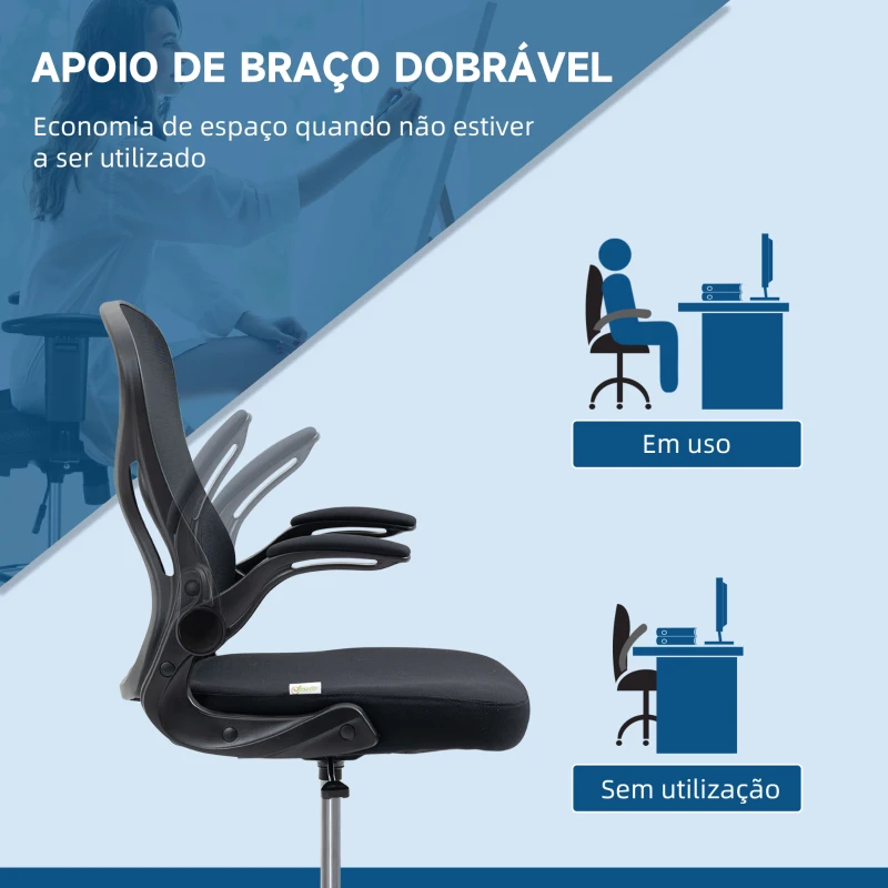 Vinsetto Cadeira de Escritório com Suporte Lombar Apoio para os Braços Dobrável e Altura Ajustável 59x65x102-122 cm Preto