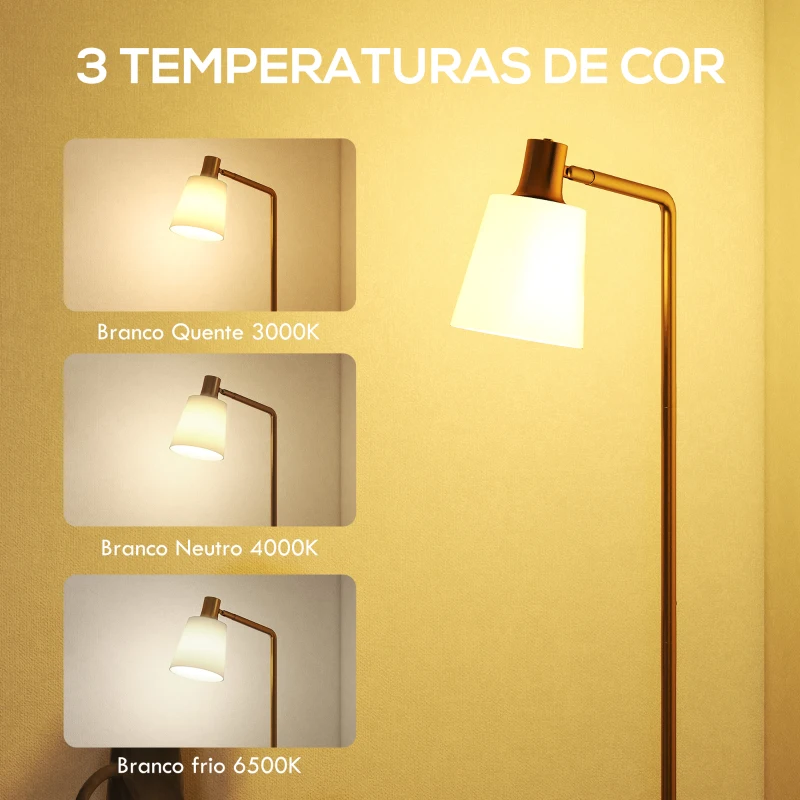 HOMCOM Candeeiro de Pé LED Regulável com Ecrã Giratório 350° 3 Temperaturas de Cor 3000K/4000K/6500K 45x21x148 cm Branco e Dourado