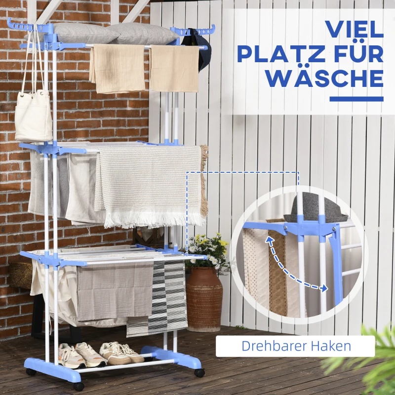 HOMCOM Wäscheständer, 4 Ebenen, klappbar, 4 Rollen mit 2 Bremsen, Metallrahmen, Blau+Weiß, 73 x 64 x 177cm