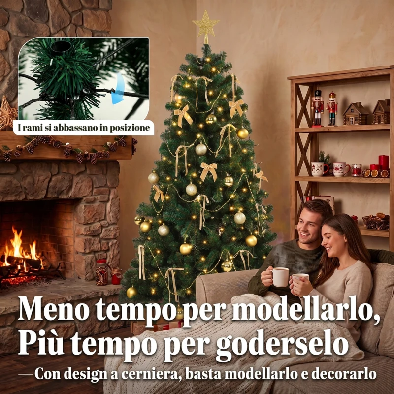 HOMCOM Albero di Natale Artificiale 180cm con 240 Luci LED, 755 Rami in PVC, Stella, Palline, Fiocchi, Verde
