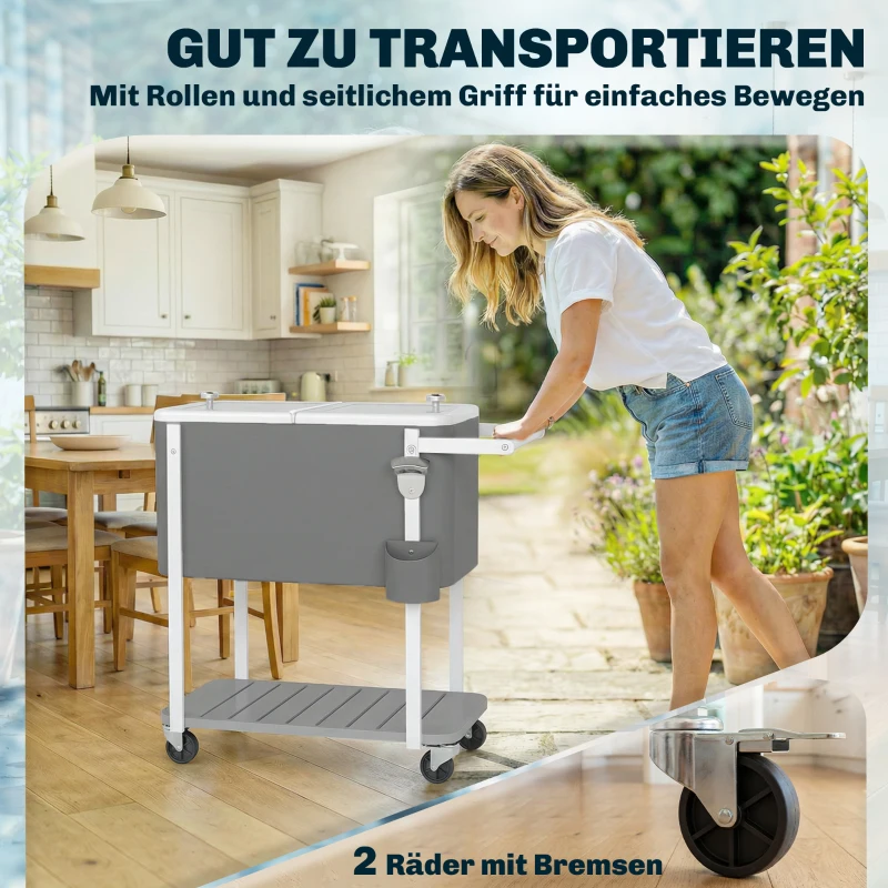 Outsunny Kühlwagen mit 56L Kapazität Servierwagen mit Rollen, Flaschenöffner, unterer Ablage, Griff mobiler Getränkewagen, Grau