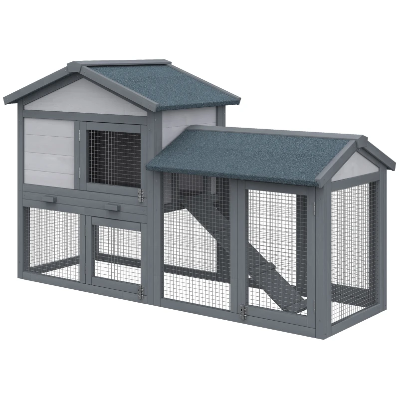 PawHut Clapier cage à lapins rongeurs 2 niveaux clapier lapin nain avec 3 portes verrouillables tiroir à déjection toit intégral bitumé 147L x 54l x 84H cm bois massif pin gris