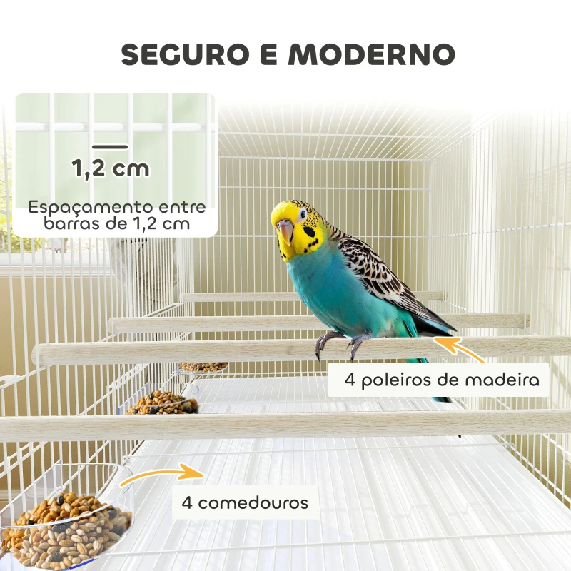 PawHut Gaiola para Pássaros com Divisória Rodas Gaiola para Aves com Comedouros Poleiros e Bandeja Removível 76x46x116 cm Branco