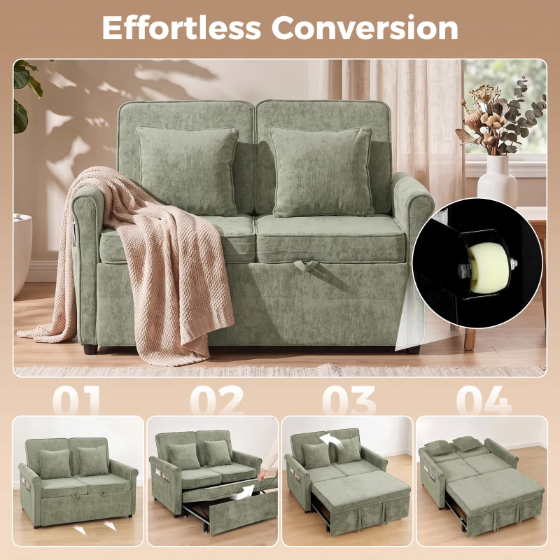 HOMCOM 2 Seater Sofa Bed 3-in-1 Convertible Chenille Pull Out Sleeper Sofa with 5-Position Adjustable Backrest, Light Green