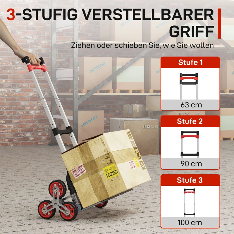 HOMCOM Faltbarer Treppensteiger-Trolley, 6-Rad-System, trägt 70 kg, Aluminium, Rot