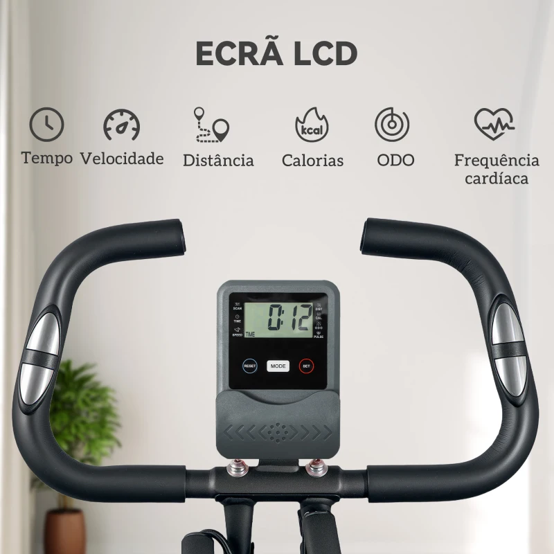 SPORTNOW Bicicleta Estática Dobrável com Resistência Magnética de 8 Níveis Encosto Volante Ecrã LCD e Banda de Resistência 43x97x109 cm Preto