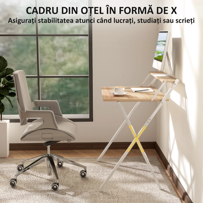 HOMCOM Birou Pliabil cu Raft pentru Monitor, 81,5x62x86,5 cm, Lemn și Alb
