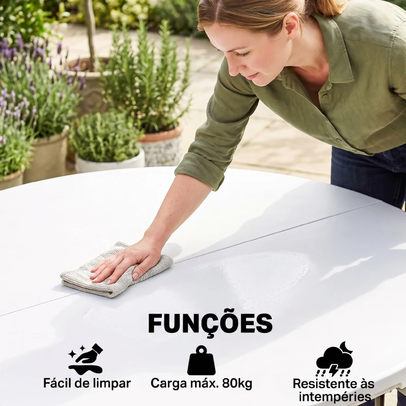 Outsunny Mesa de Jardim Redonda Mesa de Varanda Dobrável com Estrutura de Aço e Bancada de HDPE Ø122x73 cm Branco
