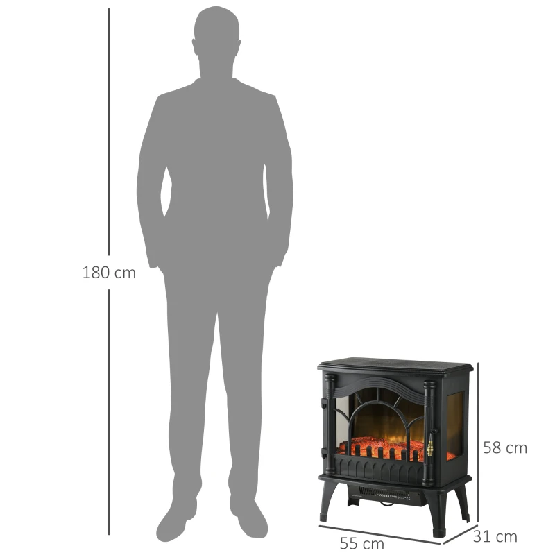 HOMCOM Lareira Elétrica 1000W/2000W com Temperatura Ajustável e Brilho Ajustável para Ambientes 15-30 m² 55x31x58 cm Preto