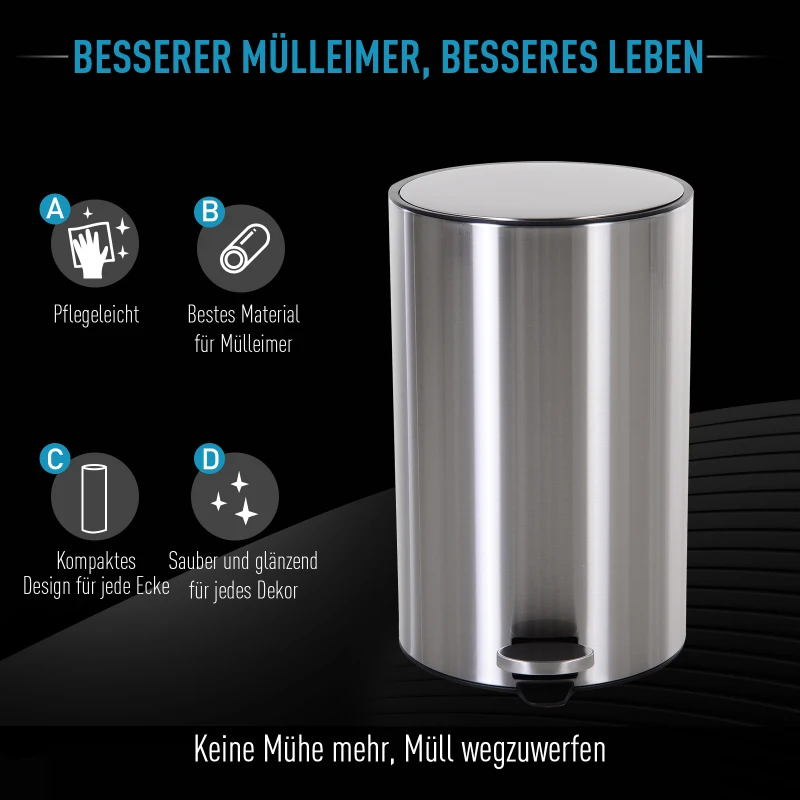 HOMCOM Abfalleimer Mülleimer Treteimer mit Inneneimer 12 L Soft Schließen Edelstahl PP Ø25,8 x H42 cm