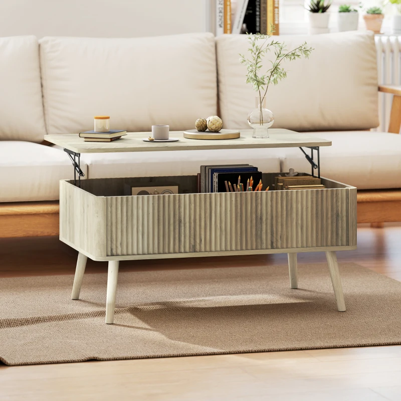 HOMCOM Table basse relevable, table de salon avec 2 compartiments cachés et pieds en pin, 91 x 56 x 43 cm, chêne